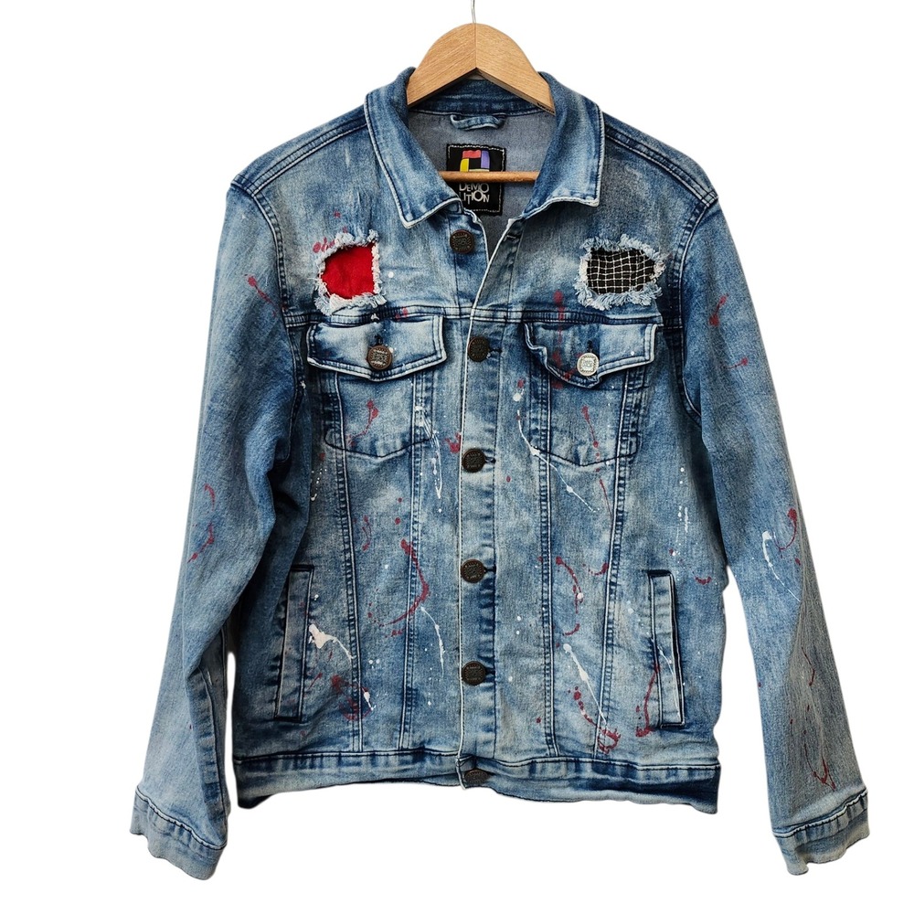 Demo Lition Denim Jacket Women's Large Distressed‎ Paint Splatter Patches Street